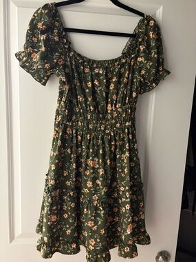 Olive Green Floral Puff Sleeve Sundress
